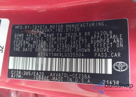 2020 Toyota Camry Se z USA, uszkodzony, nr VIN 4T1G11AKXLU335504